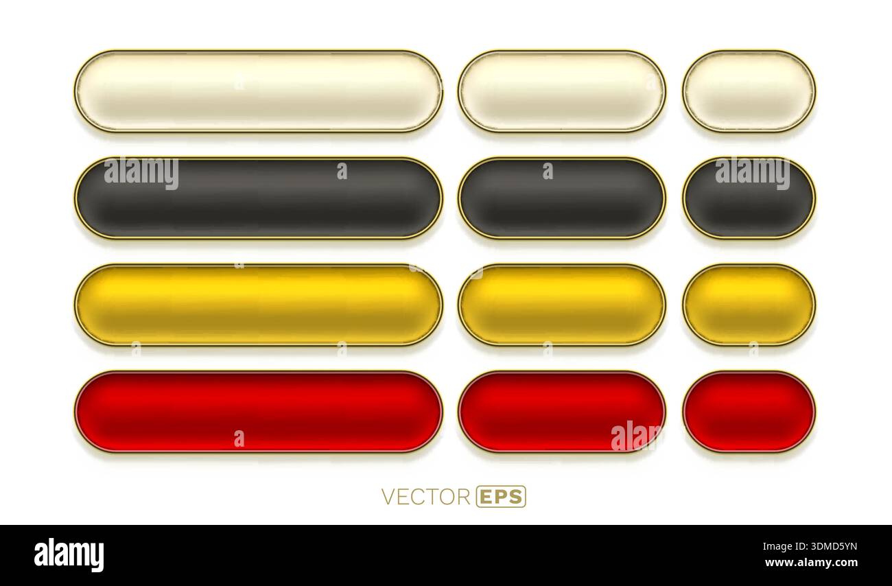 Modern glossy web buttons with golden frames in various colors and sizes. Empty rectangular UI elements for design. Vector illustration. Stock Vector