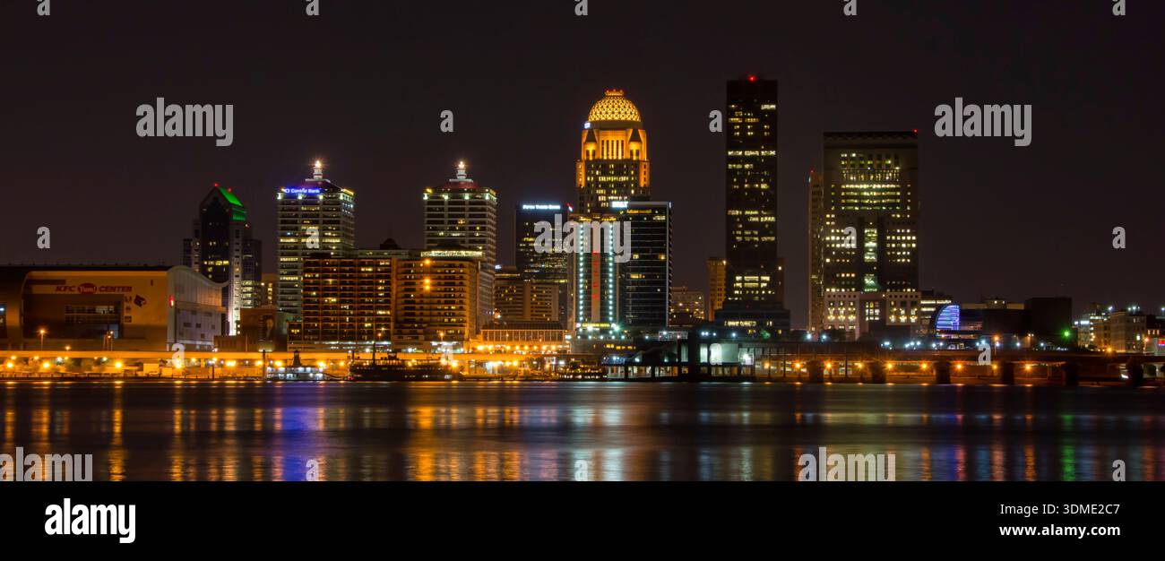 Panoramic view of Louisville, Kentucky skyline at dusk with city