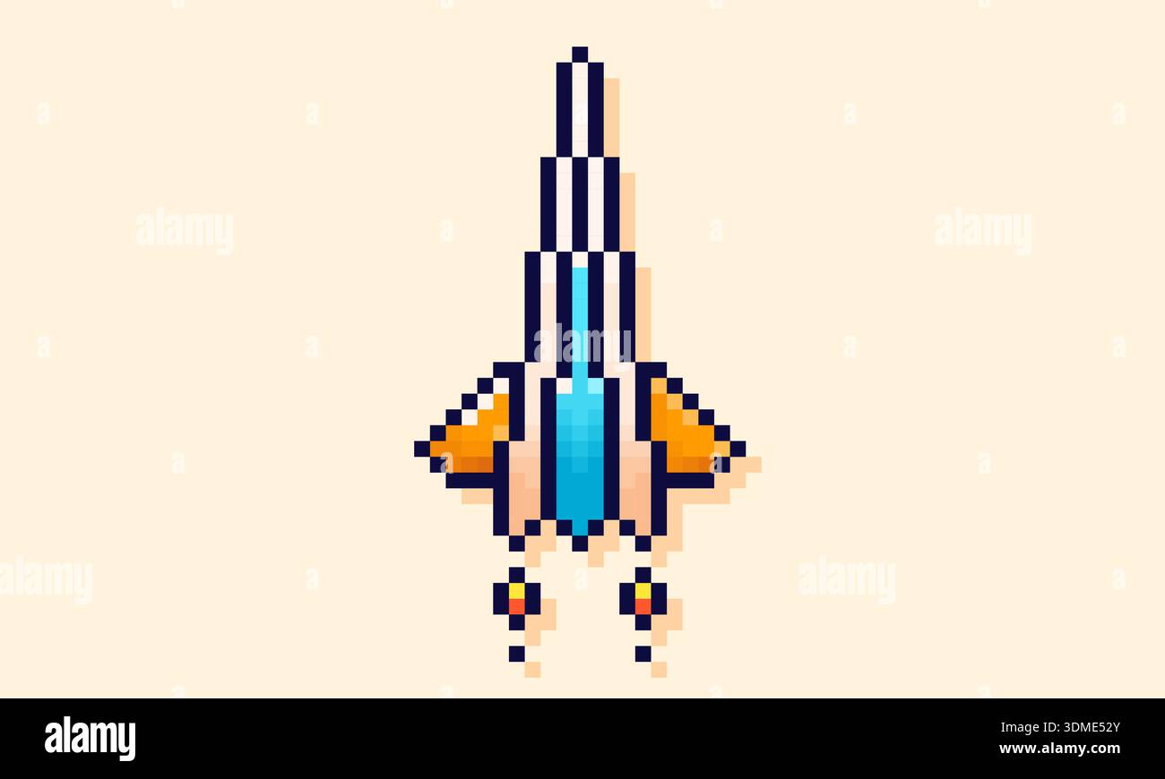 Pixel art 8 bit color spacecraft.  Stock Vector