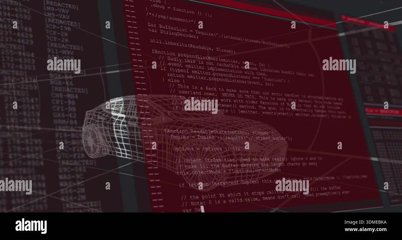 Displaying wireframe car model overlaying red code editor in software UI, showing logs and grid Stock Photo