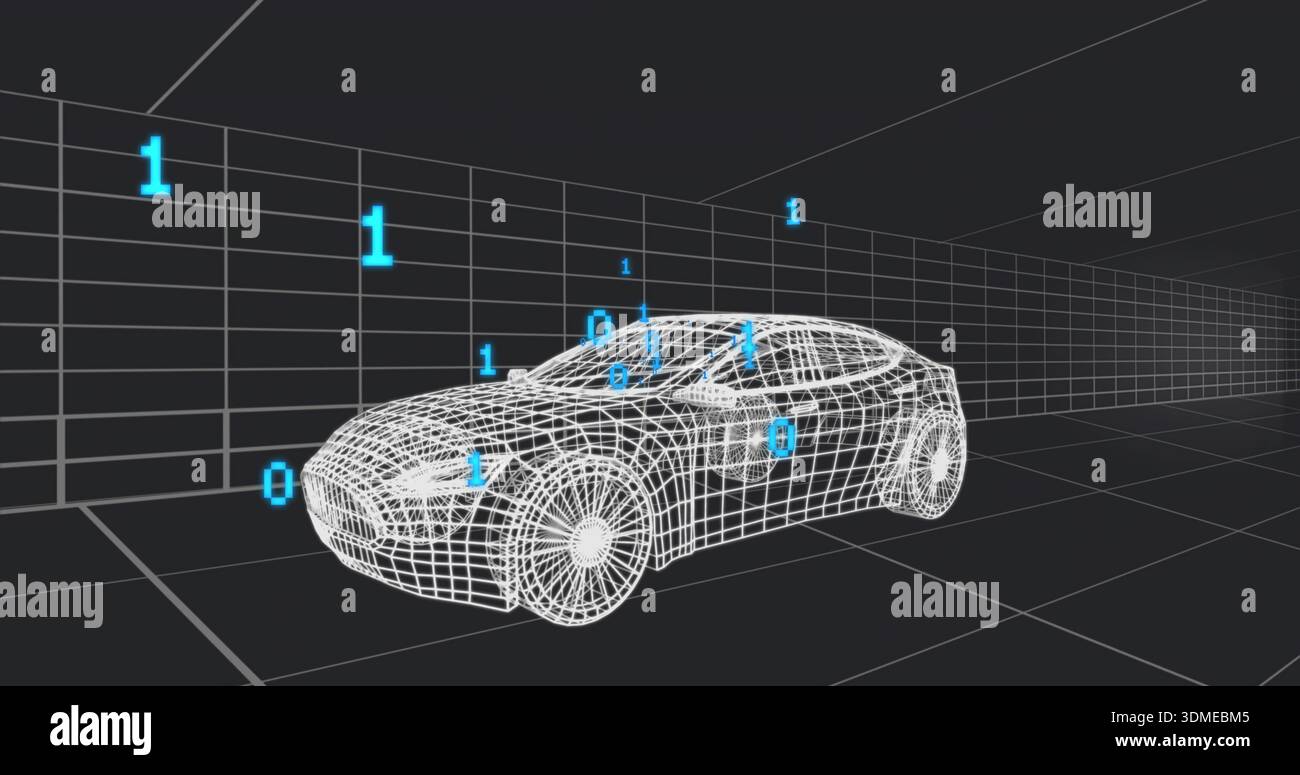 Displaying wireframe sedan with mesh wheels in digital grid tunnel, floating cyan binary digits Stock Photo