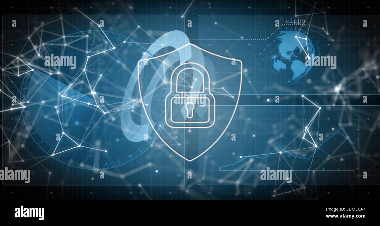 Glowing centered shield icon hovering over digital dashboard, showing padlock, globe, network mesh Stock Photo
