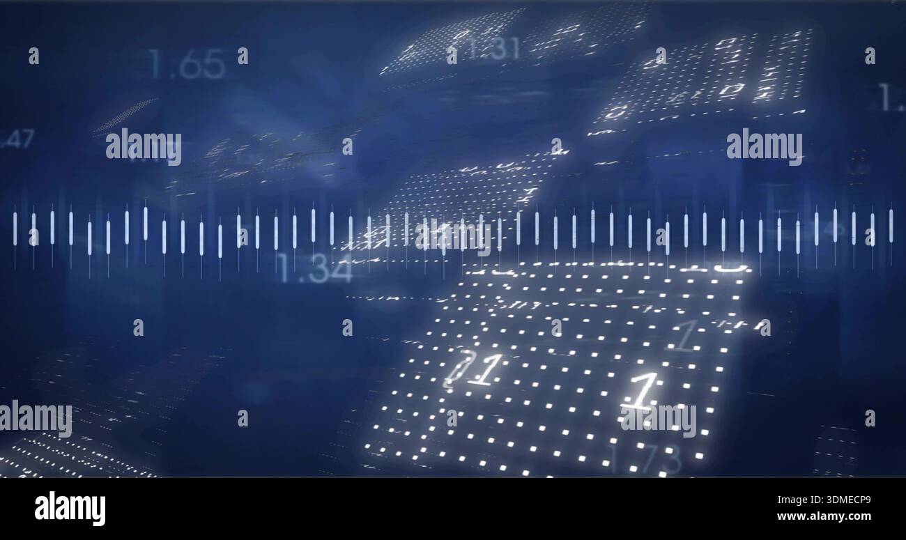 Floating dot-matrix panel showing numeric overlays in digital GUI, waveform, LED dots, motion blur Stock Photo