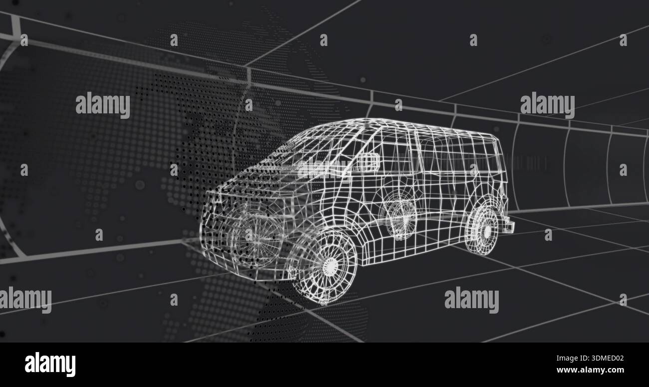 Rotating wireframe compact van model on tiled floor grid in curved tunnel studio, with data nodes Stock Photo
