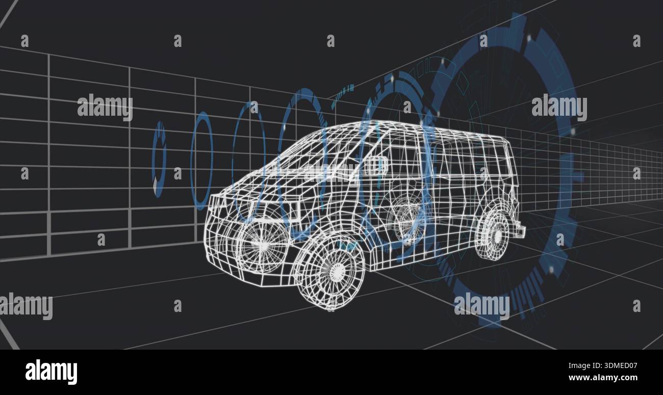 Displaying wireframe compact van model rotating in virtual studio, with blue HUD rings and grid Stock Photo