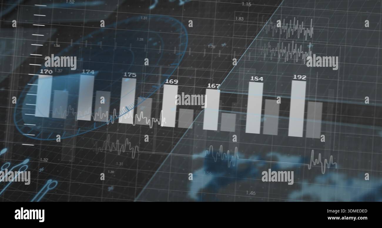 Showing centered translucent vertical data bars on dashboard, with blue trend line and ECG traces Stock Photo