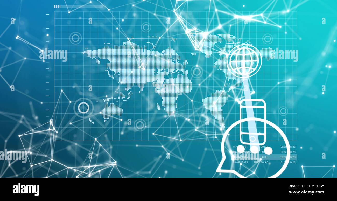 Displaying digital network visualization spanning dotted world map grid with glowing nodes Stock Photo