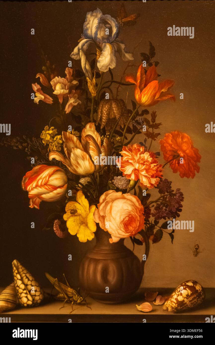 Painting titled 'Flowers in a Vase with Shells and Insects' by Balthasar van der Ast dated 1630 Stock Photo