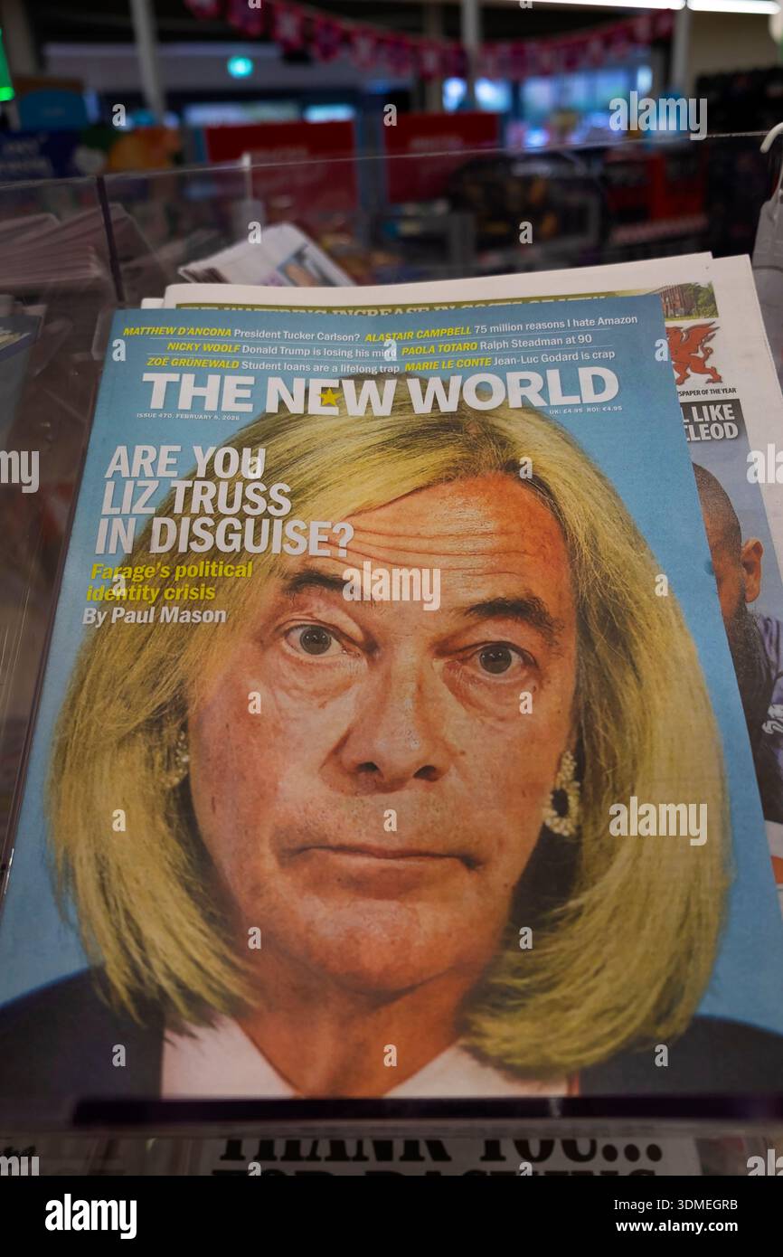 Nigel Farage wearing blond wig ' Are you Liz Truss in Disguise?' on The New  World newspaper headline front page Paul Mason article newsstand 2026 UK  Stock Photo - Alamy
