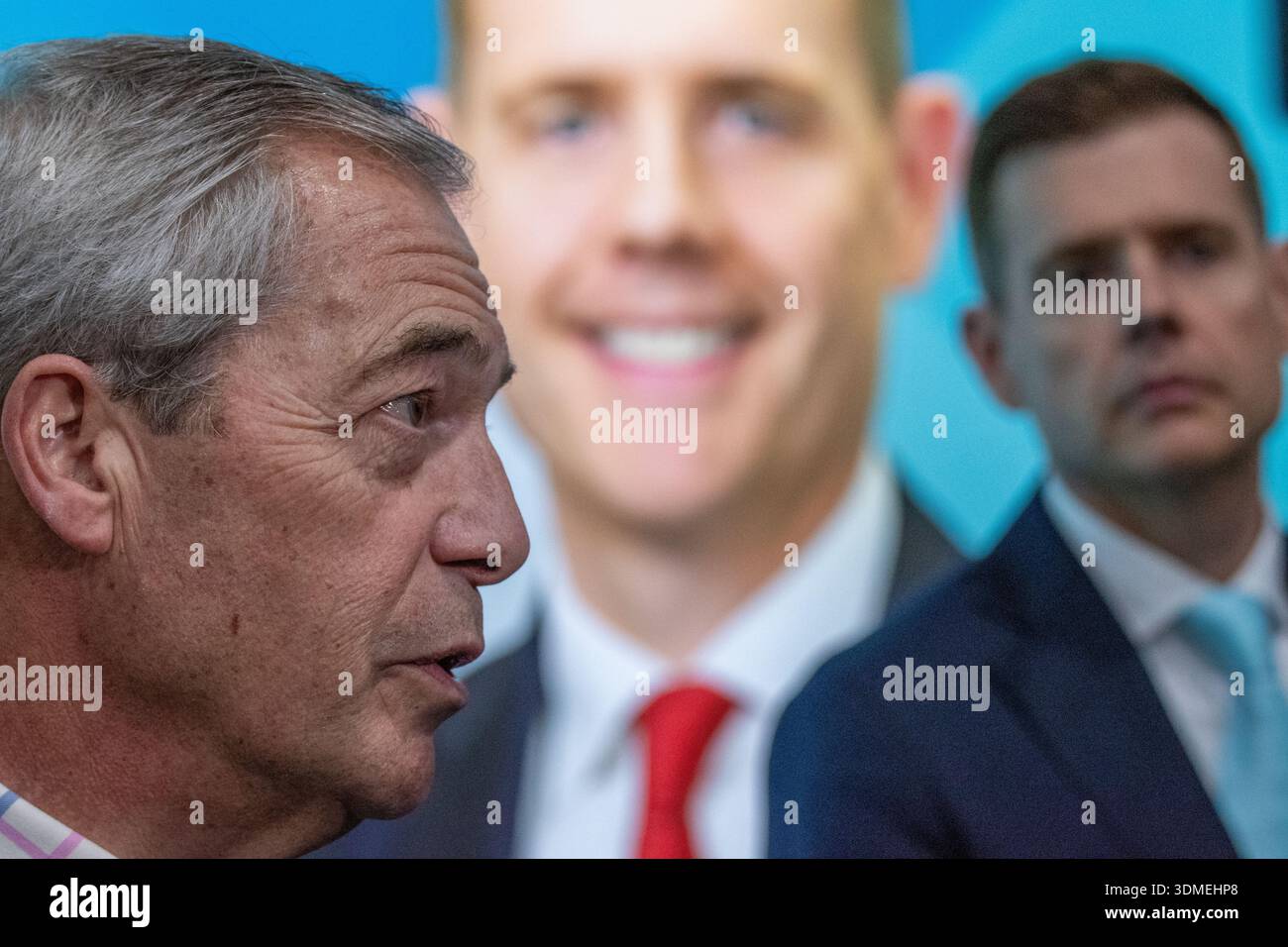 Nigel Signage Nigel Farage’s campaign visit to Gorton and Denton where he opened, by ...