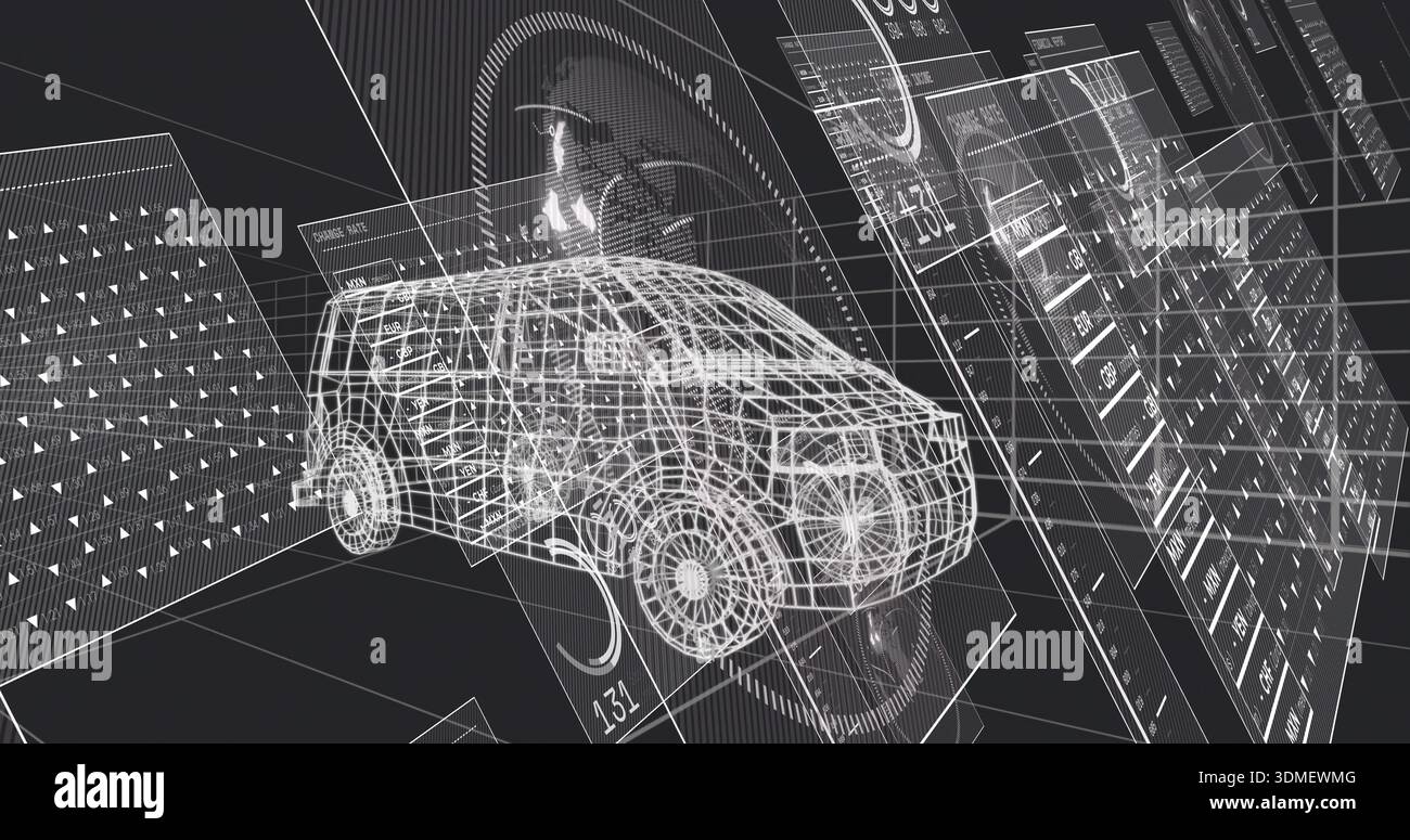 Displaying wireframe SUV model rotating in virtual CAD workspace, with translucent UI overlays Stock Photo