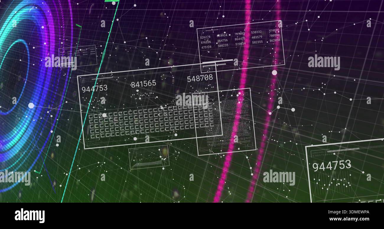 Displaying translucent panel showing wireframe keyboard in virtual data space, with numeric labels Stock Photo