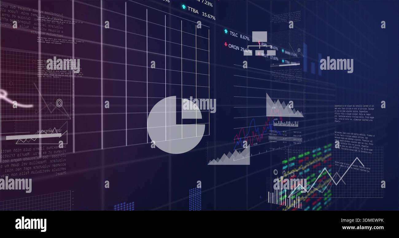 Displaying digital analytics dashboard on dark gradient, showing grid, pie, line and bar charts Stock Photo