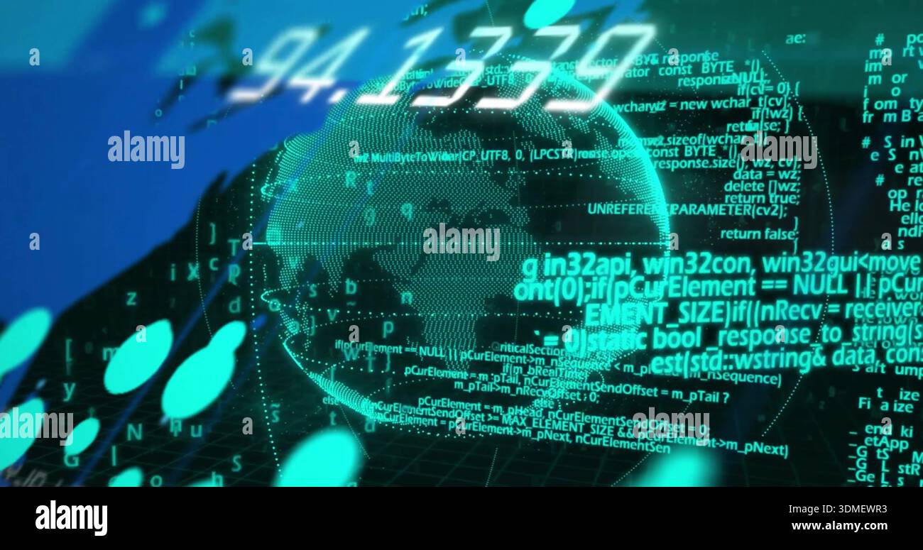 Displaying dotted 3D globe rotating in virtual cyber dashboard, with wireframe grid and code Stock Photo