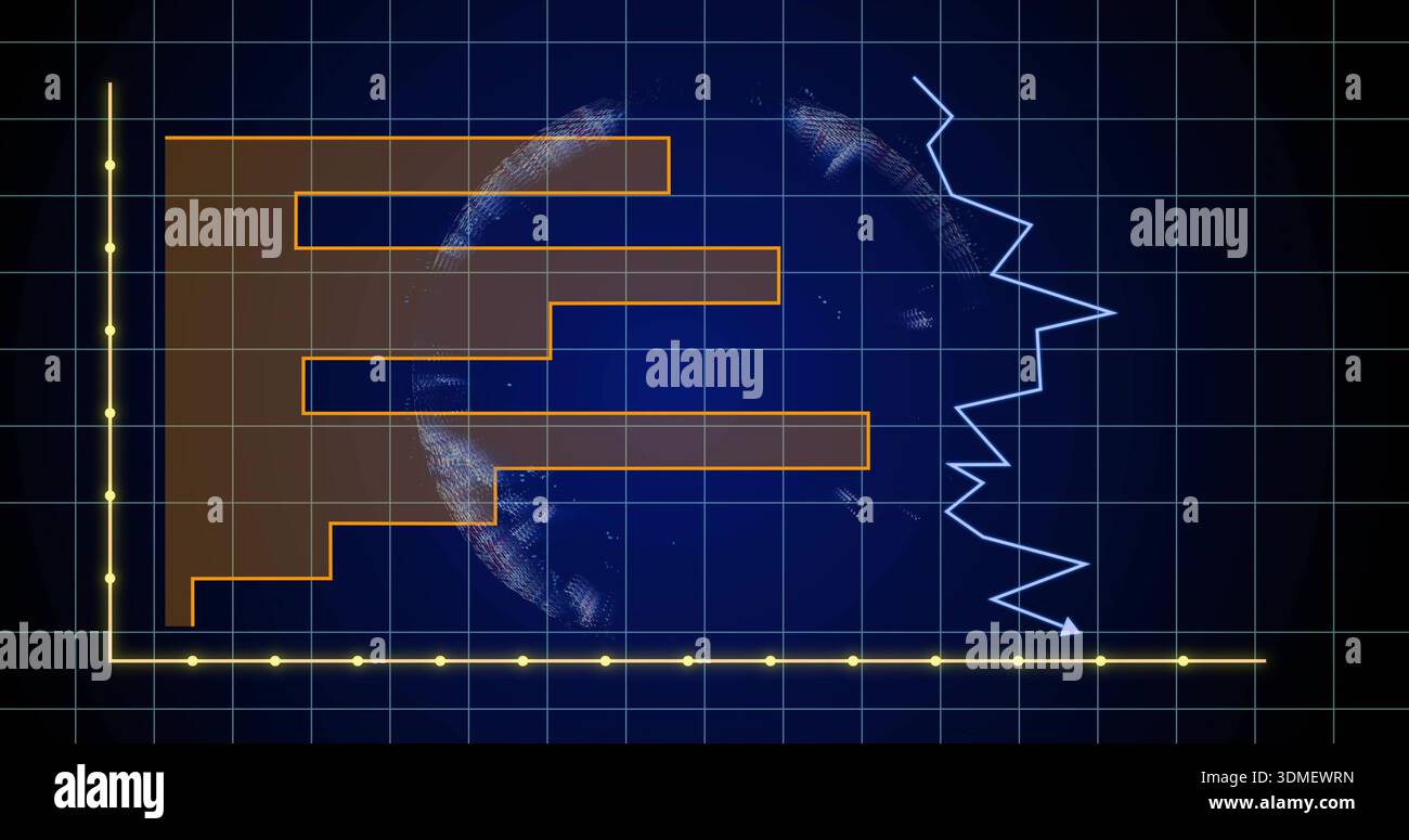 Showing orange-brown stacked bars, blue zigzag line, yellow markers, wireframe globe on dark grid Stock Photo