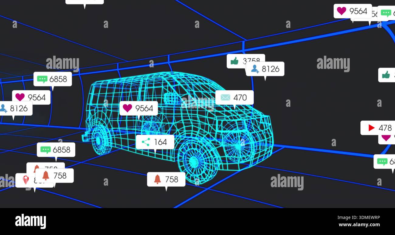 Displaying cyan-blue wireframe van model rotating in dark grid, with floating icon bubbles Stock Photo