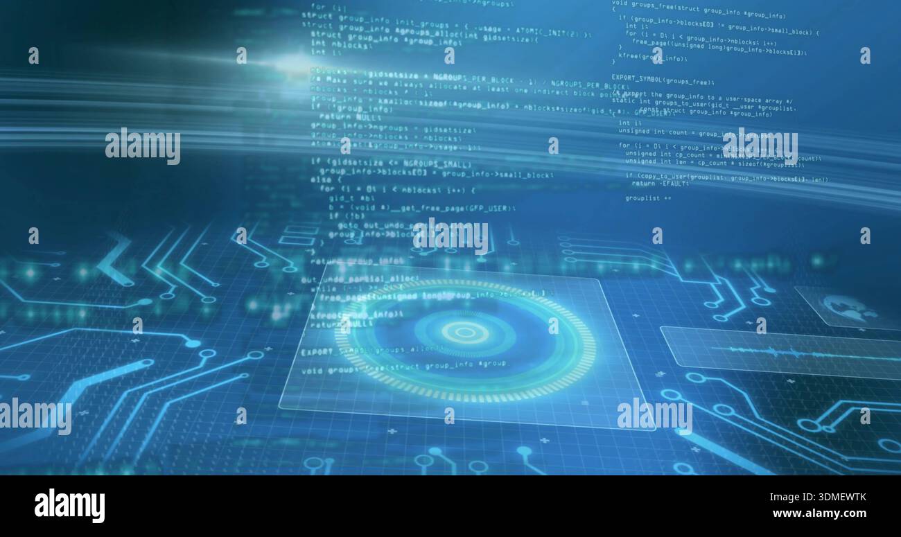 Circuitry Panel Interface Projecting central hologram HUD displaying glass data panel over ...