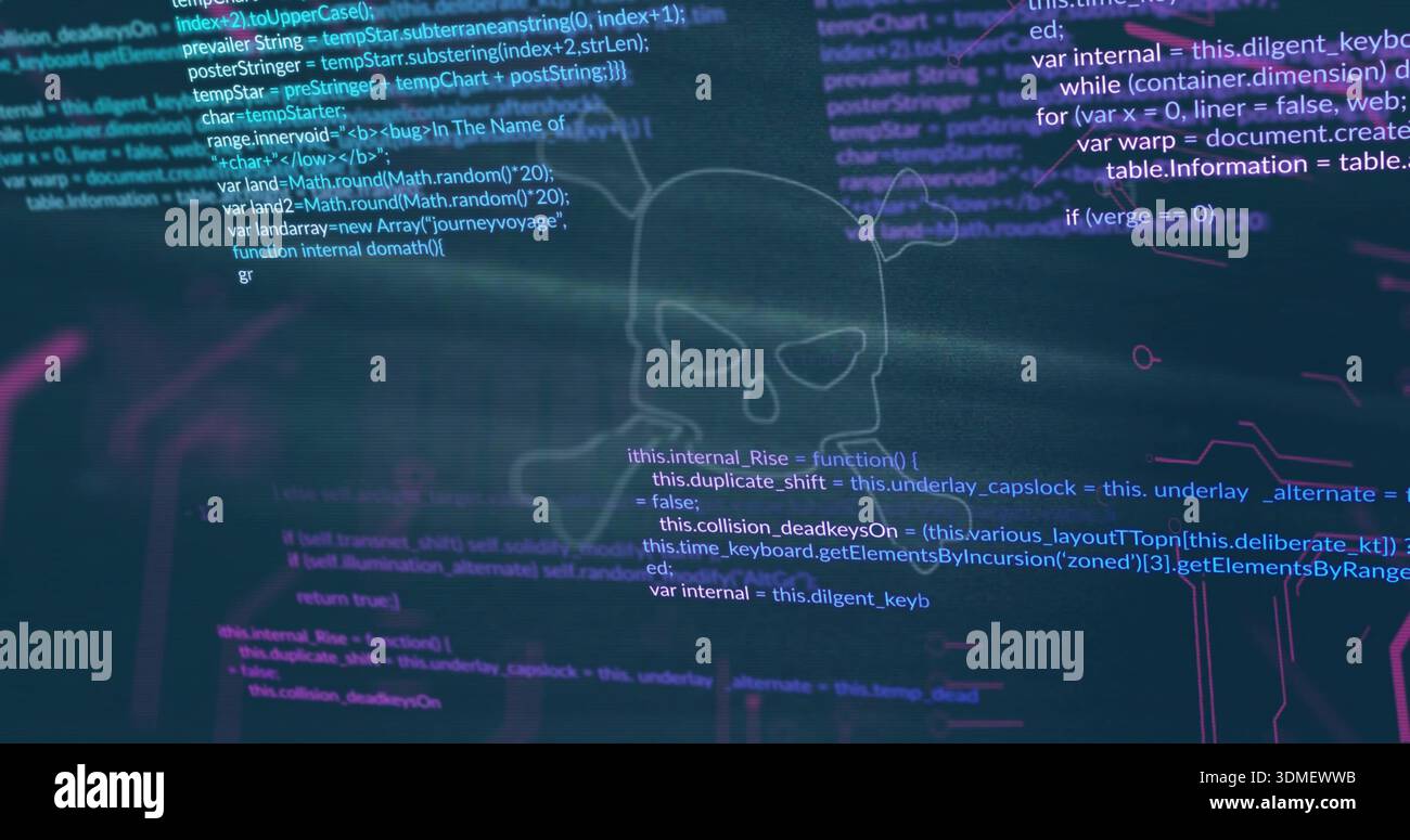 Streaming skull emblem hovering on digital display, overlaying code, HUD rings, neon glitches Stock Photo