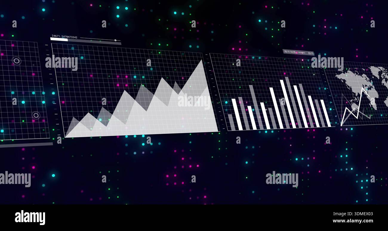 Displaying three tilted data panels floating in dark virtual space, showing gridlines, charts, map Stock Photo