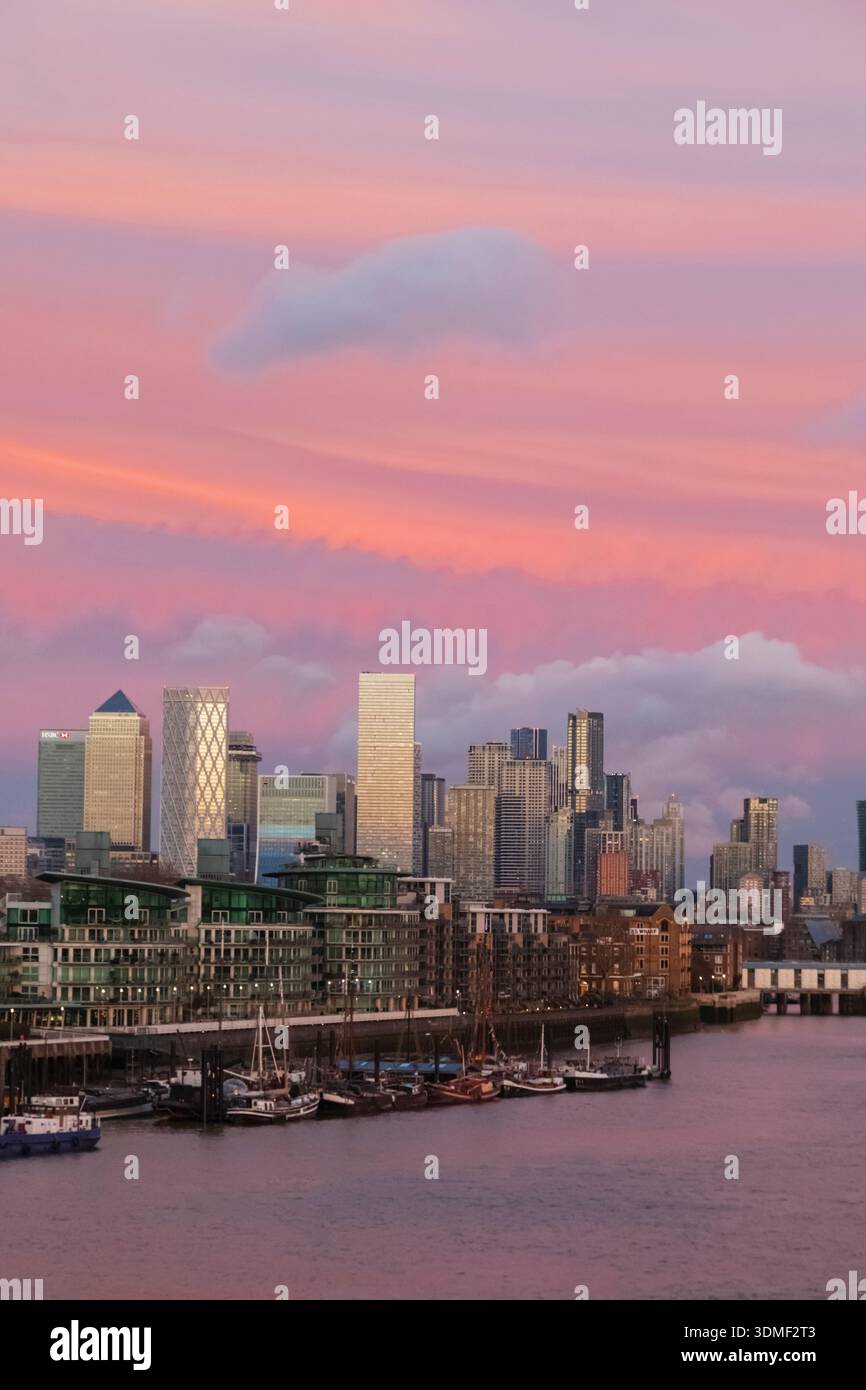 England, London, Docklands and Canary Wharf Skyline with River Thames ...