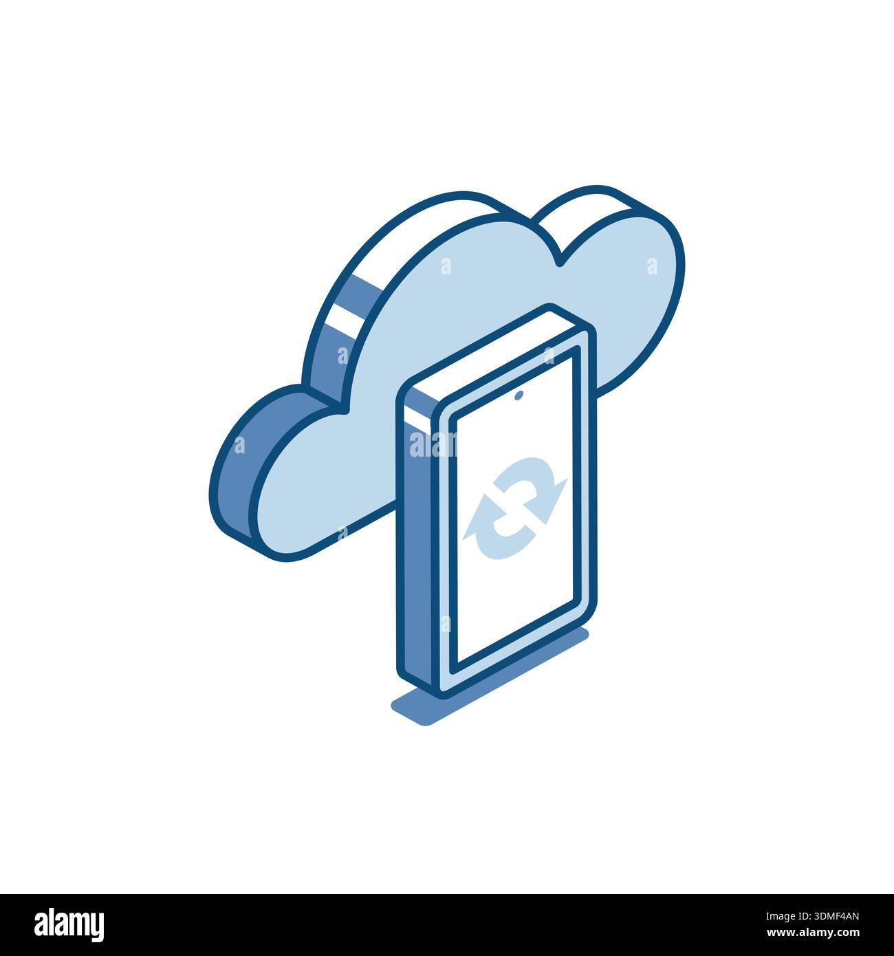 Isometric vector linear icon of cloud and smartphone with circular arrows, in color on white background, synchronization of devices or data exchange w Stock Vector