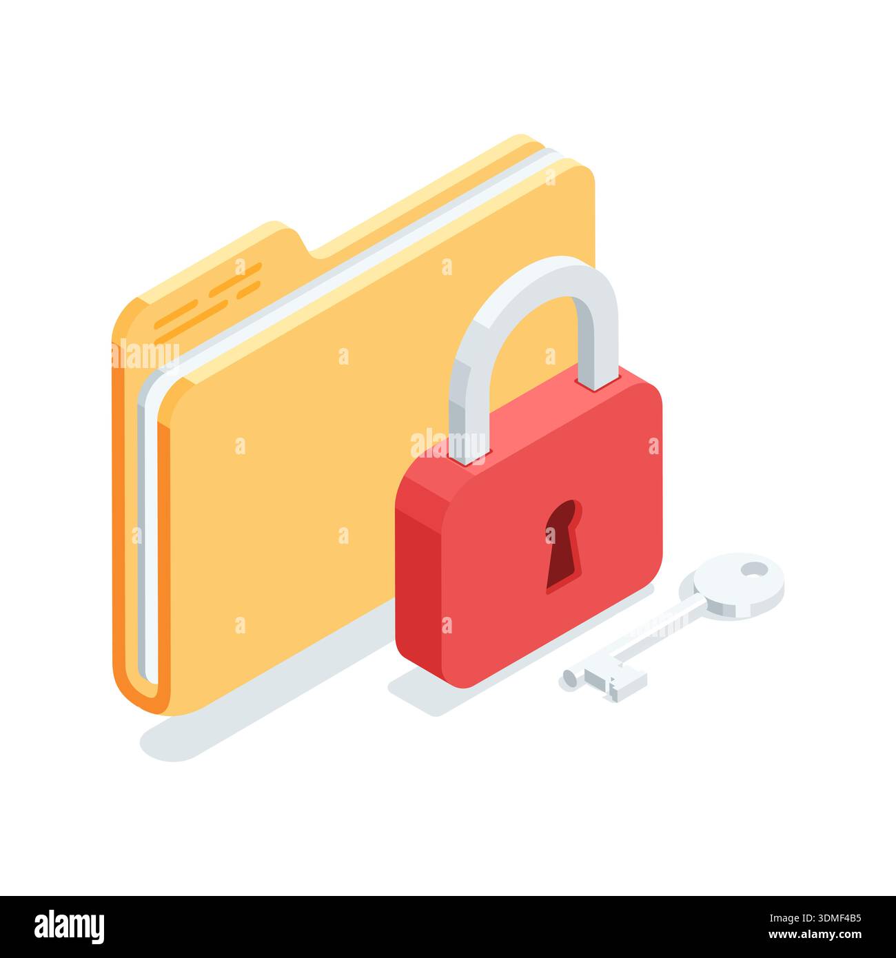 Isometric vector icon of folder and lock with key, in color on white background, closed data or information security Stock Vector