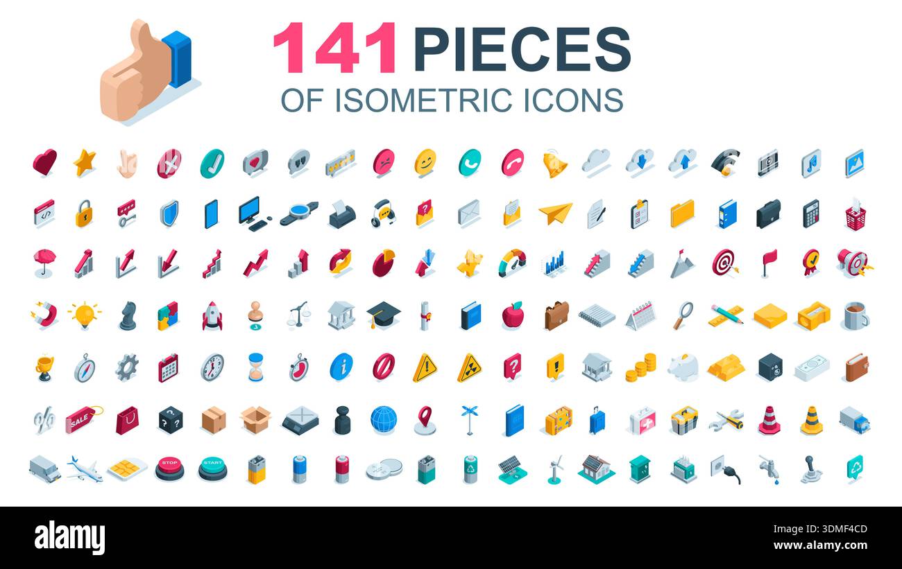 great set of 141 pieces isometric vector icons, in color on white background, social networks and business as well as finance and logistics and green Stock Vector