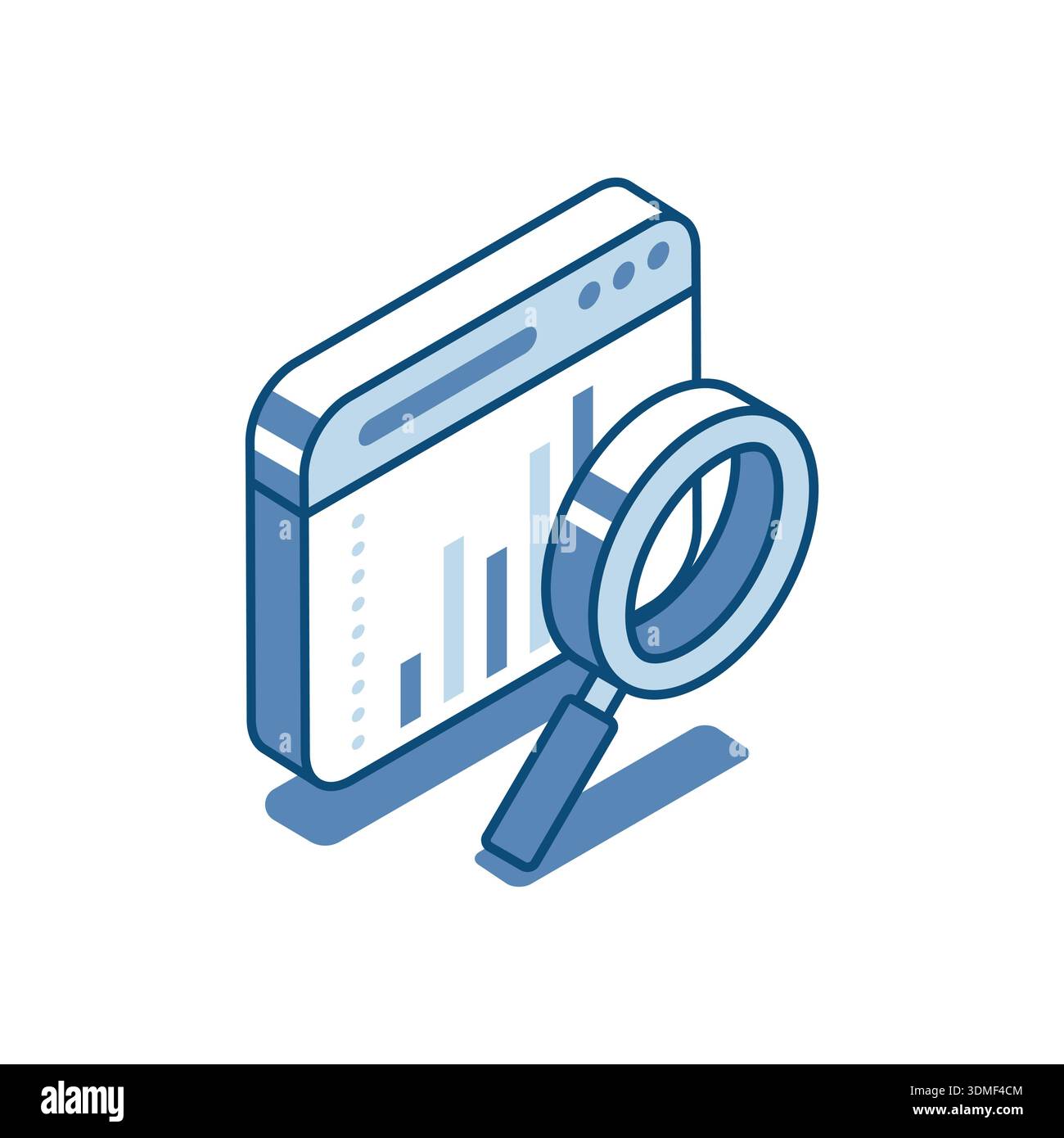 Isometric vector linear icon of magnifying glass and program window with chart, in color on white background, financial analytics or work with statist Stock Vector