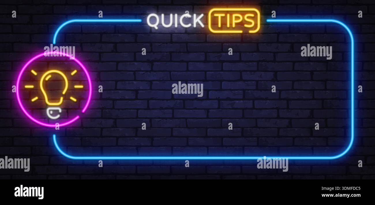 Bright neon vector design with the text Quick Tips and light bulb icon. Great for tutorials, helpful advice layouts, and educational visuals. Stock Vector
