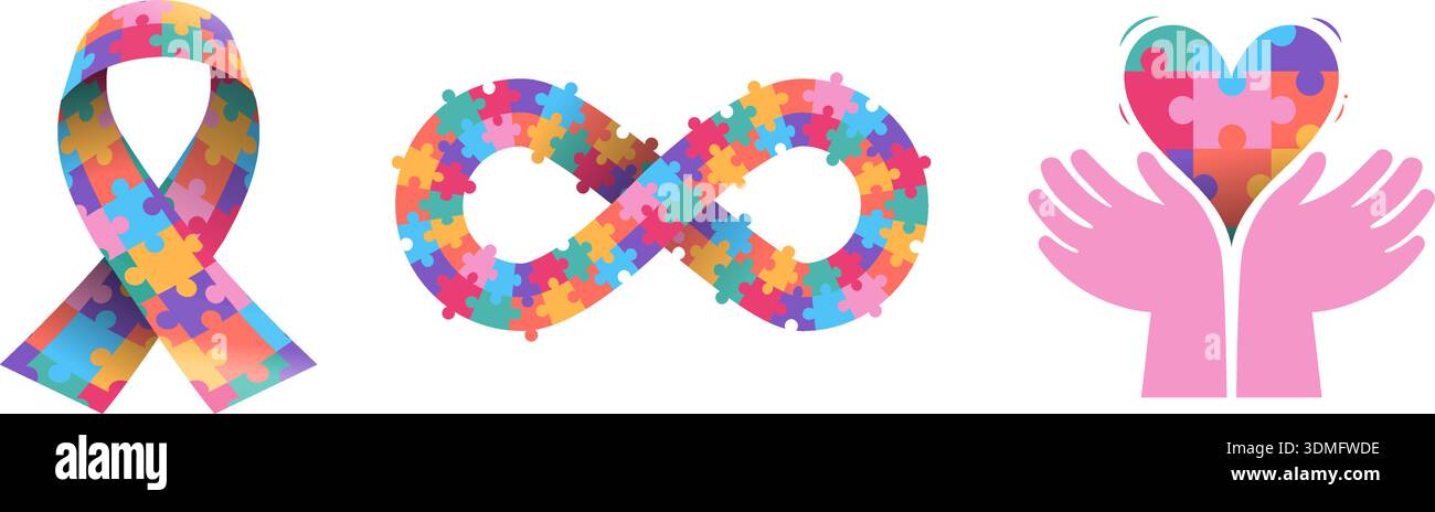 World autism awareness symbols. Ribbon, infinity sign and hand with ...
