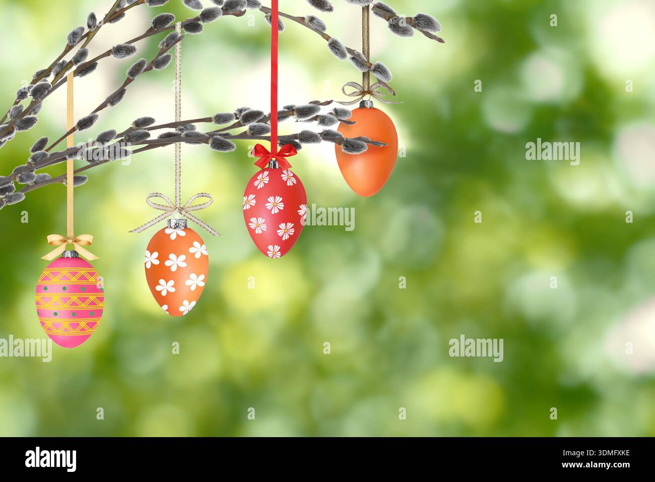 Easter eggs hanging from willow branches outdoors Stock Photo