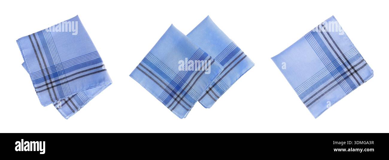 Blue folded handkerchiefs isolated on white, set Stock Photo