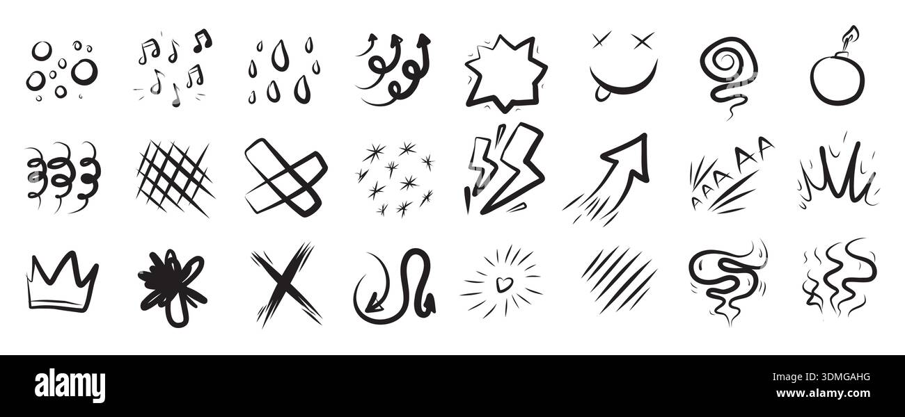 Hand drawn comic effect manga elements set. Cartoon doodle anime icons ...