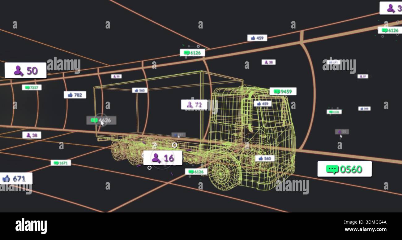 Displaying wireframe flatbed truck rotating inside orange grid tunnel with floating data badges Stock Photo