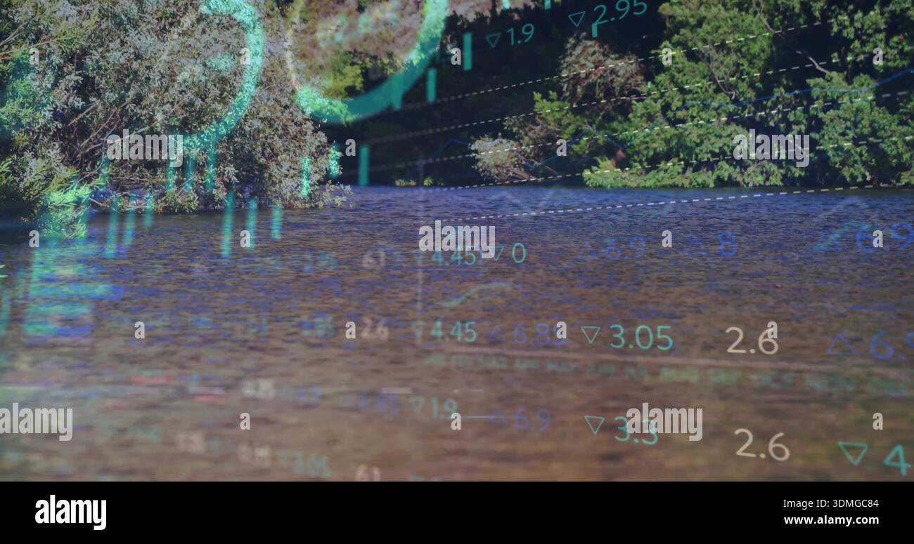 Showing water surface displaying translucent cyan HUD elements over river, with numerical readouts Stock Photo