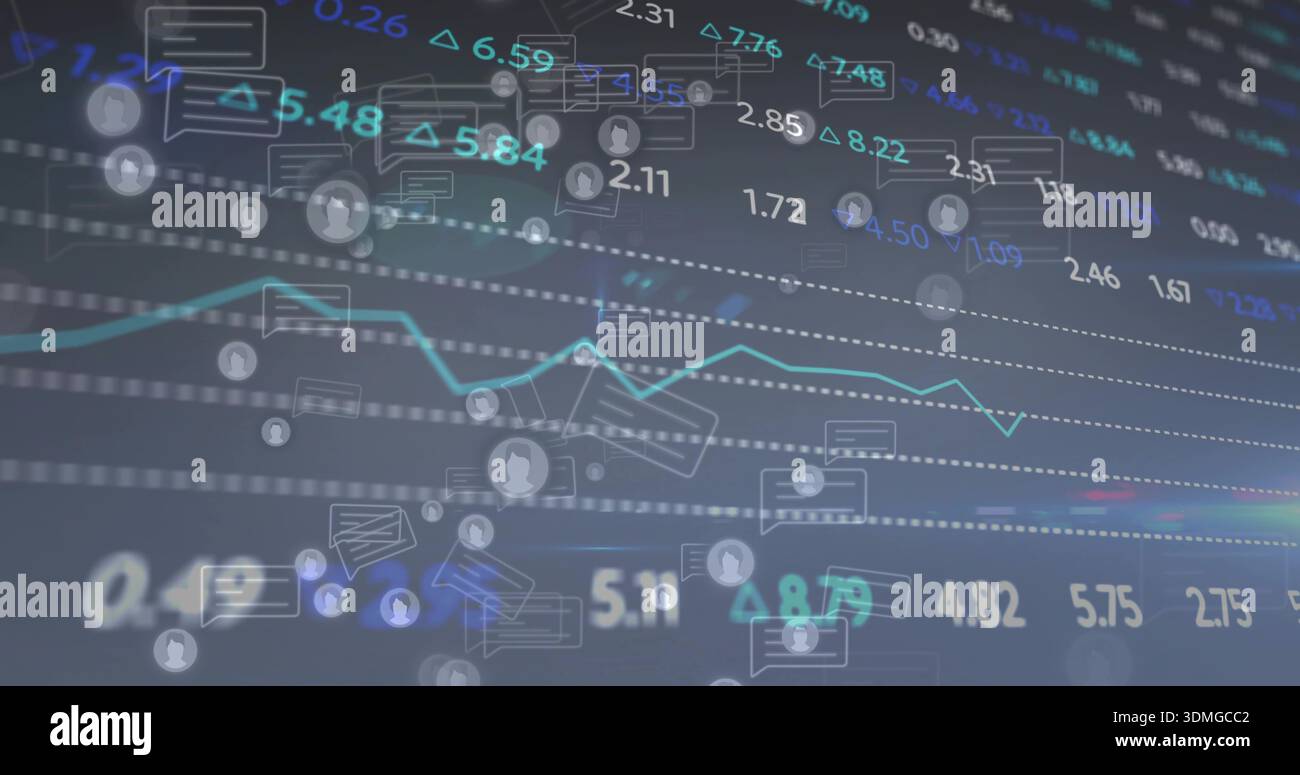 Displaying centered dashboard visual with teal line chart, floating numeric labels, profile icons Stock Photo