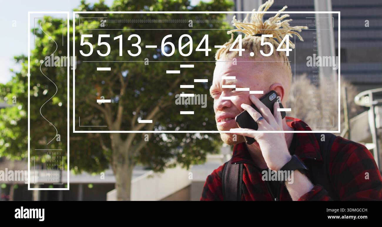 Talking man in plaid jacket using smartphone on campus steps, with backpack, overlay, copy space Stock Photo
