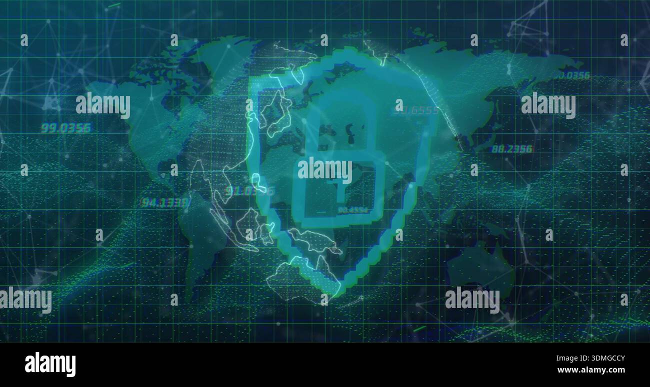 Displaying centered glowing shield protecting Asia-Pacific map grid, with pixelated padlock icon Stock Photo