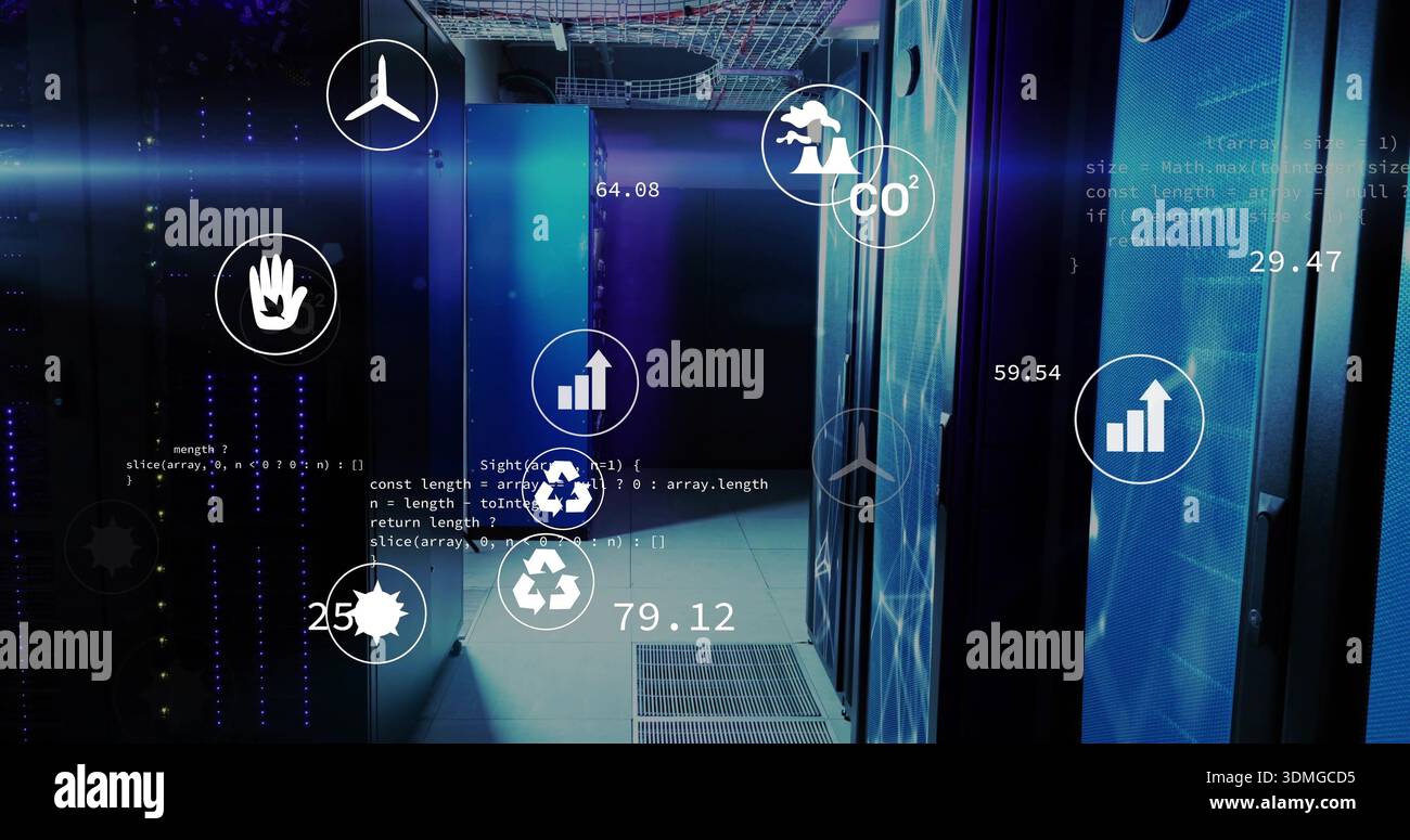 Glowing server racks casting cool blue light down central aisle, displaying LED telemetry overlays Stock Photo