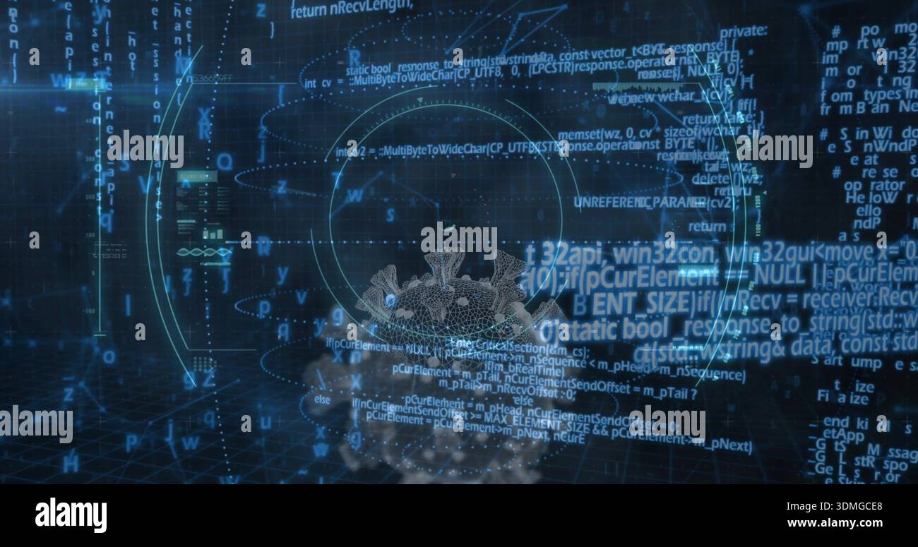 Showing wireframe viral particle rotating in virtual analysis, with HUD ...