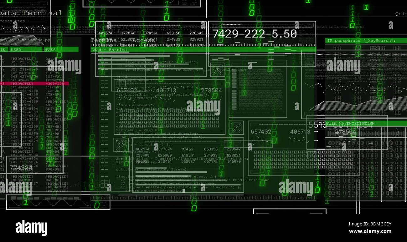 Displaying terminal windows and wireframe panels on dark dashboard, showing green binary digits Stock Photo