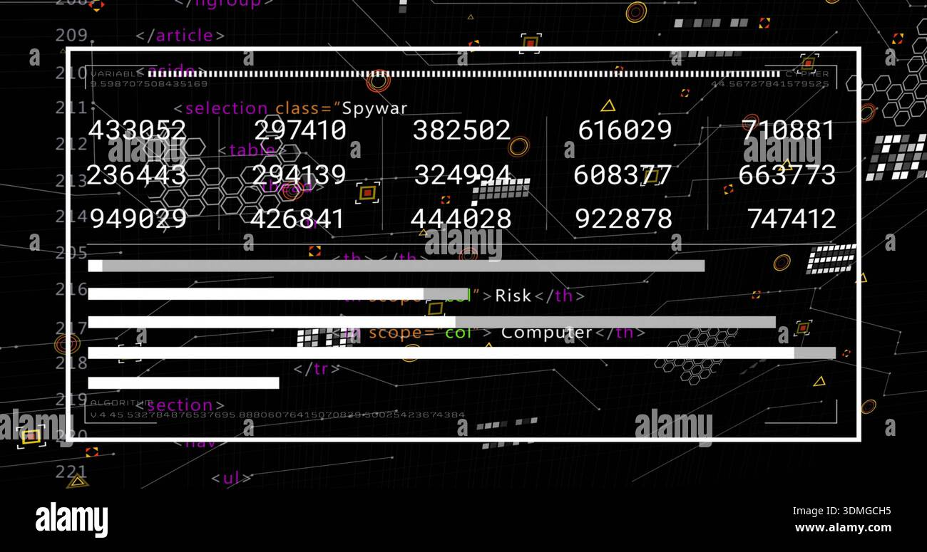 Displaying white-bordered dashboard panel showing ID grid, progress bars and HTML tags on screen Stock Photo
