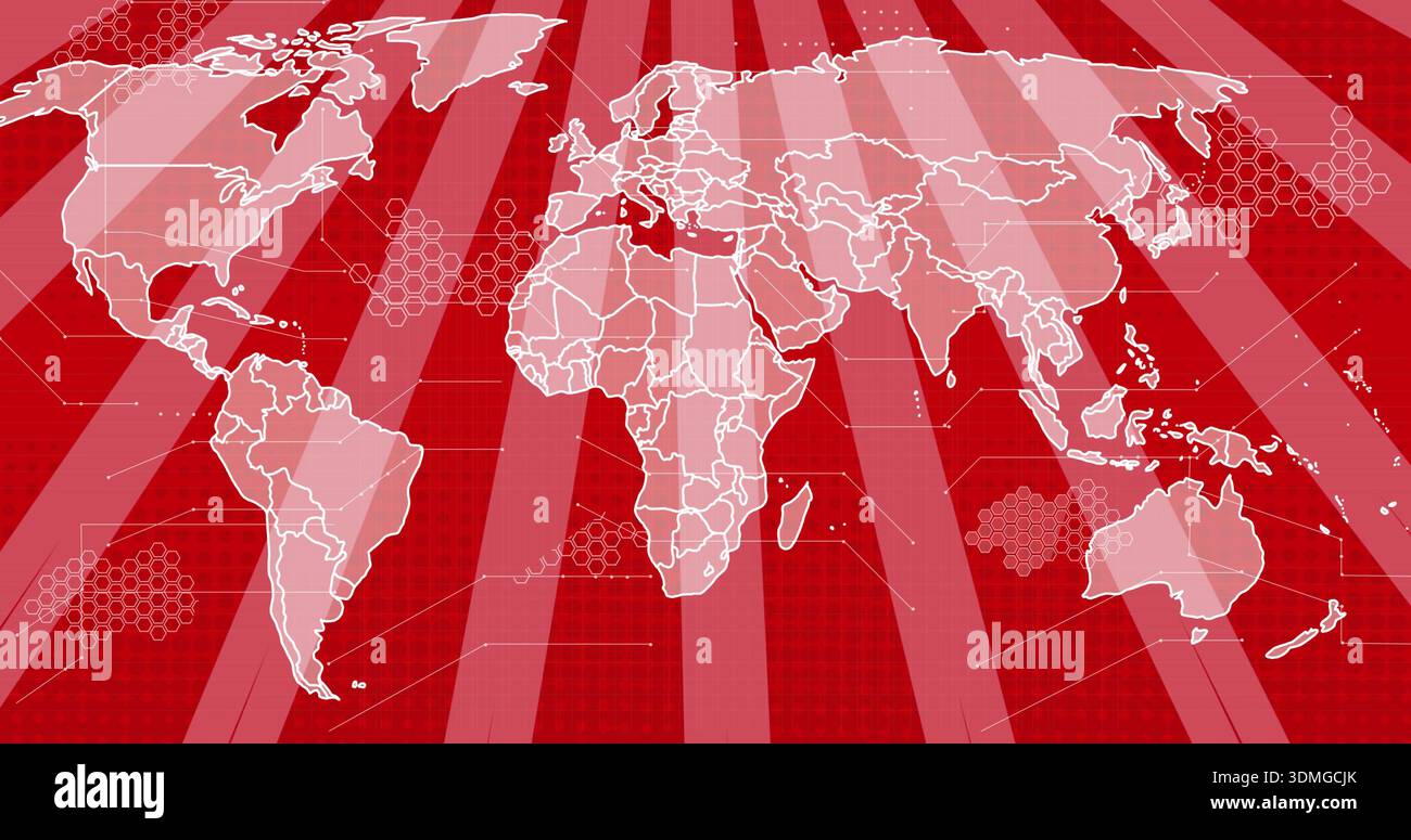 Displaying world map centered on red grid backdrop, showing white borders, connector lines, dots Stock Photo