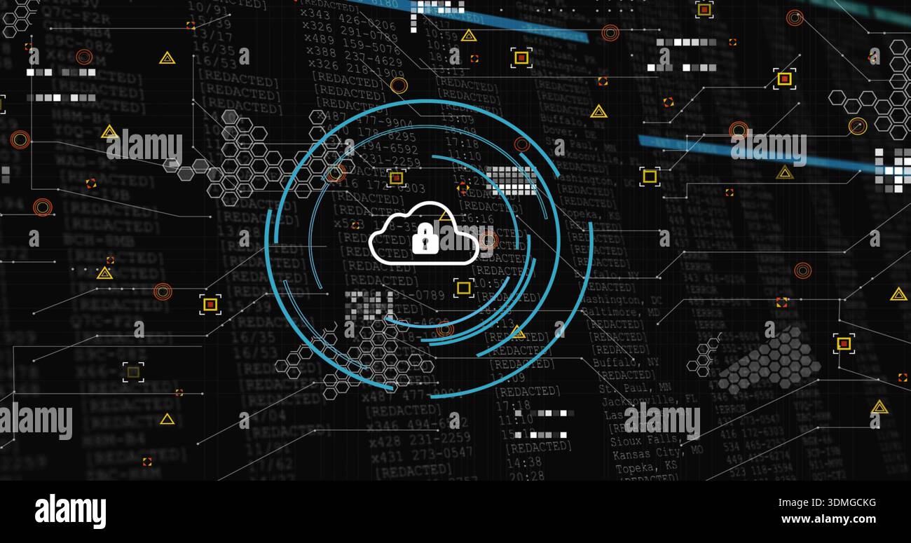 Displaying cloud with padlock rotating inside turquoise rings in cyber dashboard, hexagonal nodes Stock Photo