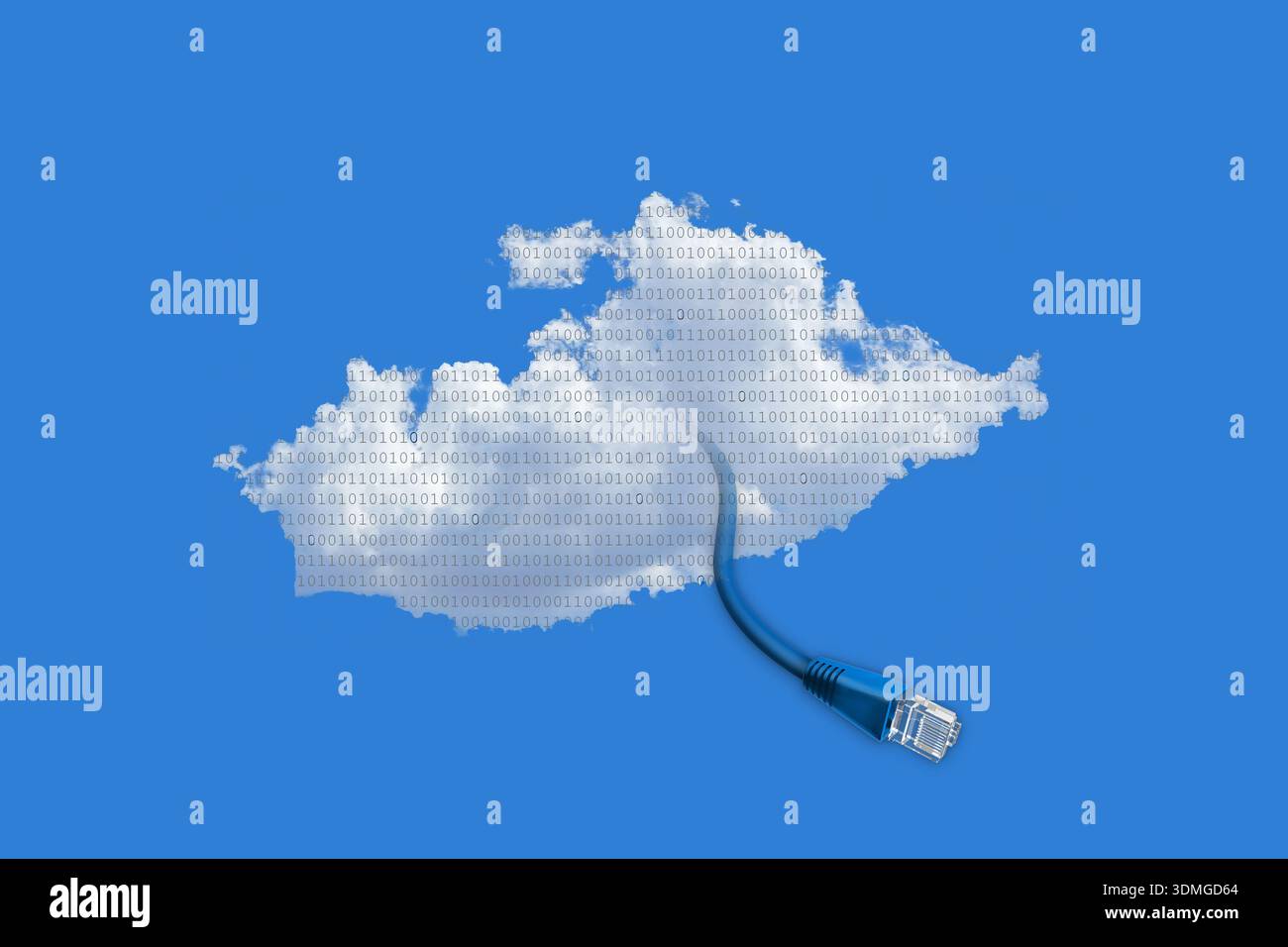 Cumulus cloud with binary data with ethernet cable Stock Photo