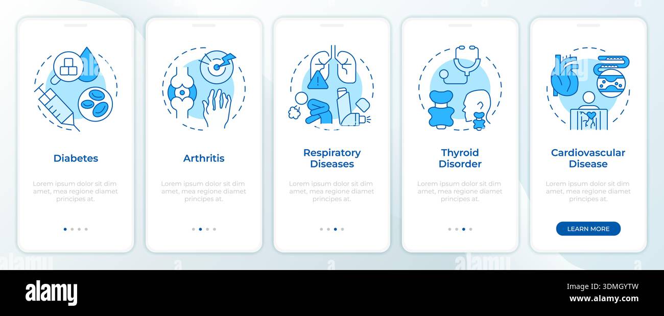 Major chronic diseases blue onboarding mobile app screen Stock Vector