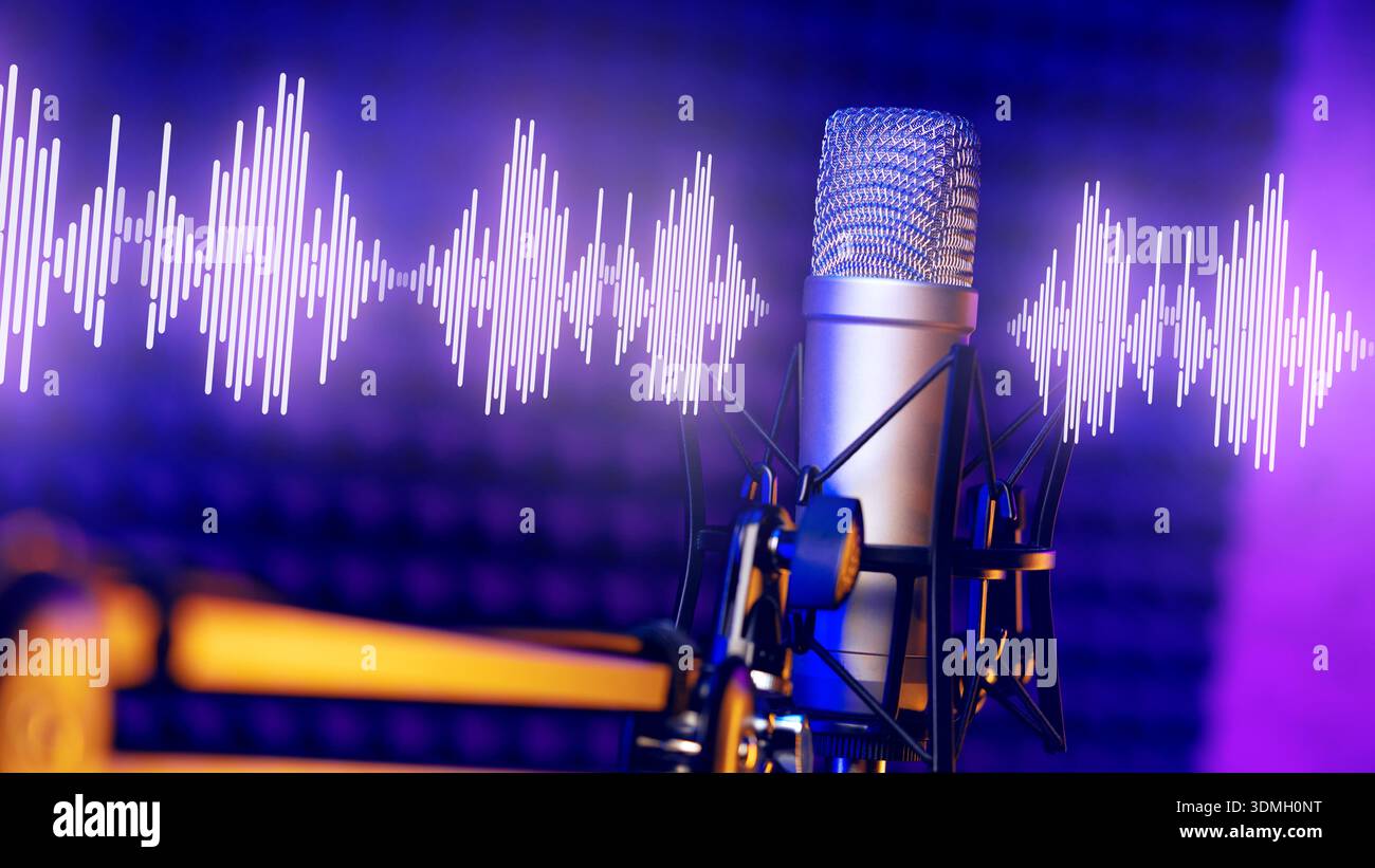 Podcast recording session with microphone and sound wave visualization in studio Stock Photo