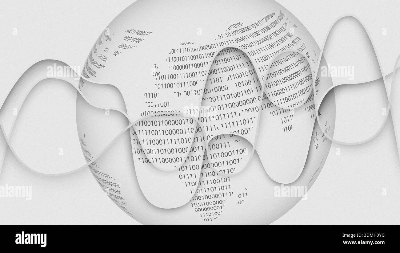 Digital globe with binary code and wavy lines representing technology and data flow Stock Photo