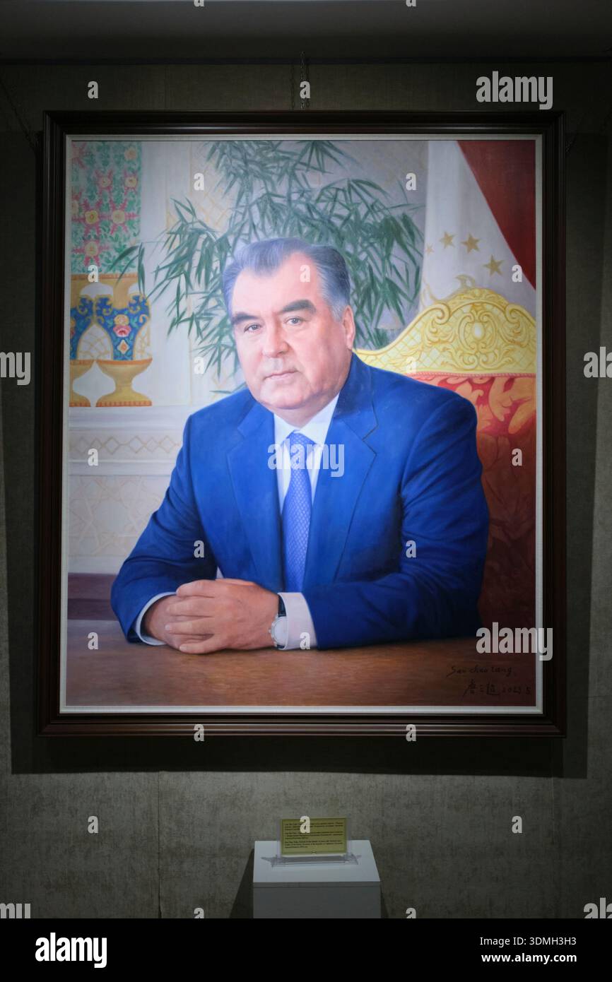 A formal oil painting, art portrait of President Emomali Rahmon. At the ...