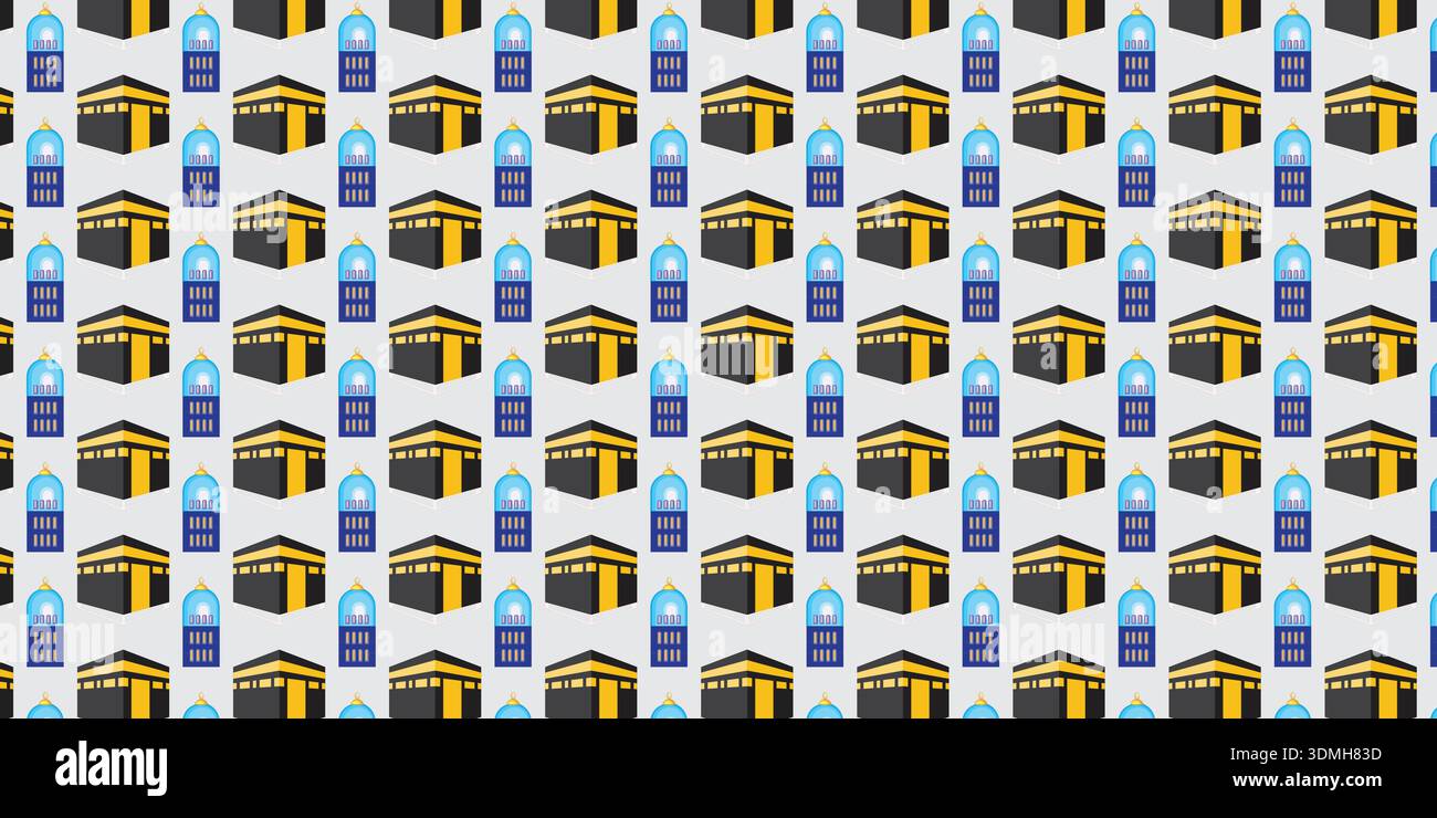 Seamless repeating pattern featuring Kaaba and mosque motifs. Stock Vector